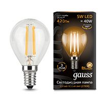 Филаментная светодиодная лампа Gauss шар LED 5W G45 E14 (прозрачная) 2700K