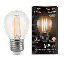 Филаментная светодиодная лампа Gauss шар LED 5W G45 E27 (прозрачная) 2700K