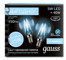 Промонабор из двух филаментных светодиодных ламп Gauss шар LED 5W G45 E14 (прозрачная) 4100K