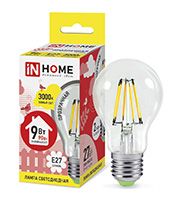 Филаментная cветодиодная лампа IN HOME Deco шар LED 9W A60 E27  (прозрачная) 3000K