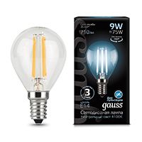 Филаментная светодиодная лампа Gauss шар LED 9W G45 E14 (прозрачная) 4100K