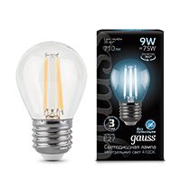 Филаментная светодиодная лампа Gauss шар LED 9W G45 E27 (прозрачная) 4100K