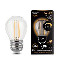 Диммируемая филаментная лампа Gauss шар LED 5W G45 E27 (прозрачная) 2700K