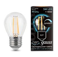Диммируемая филаментная лампа Gauss шар LED 5W G45 E27 (прозрачная) 4100K