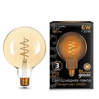 Светодиодная ретро лампа Gauss Filament Flexible шар LED 6W G120 E27 (золотистая) 2400K