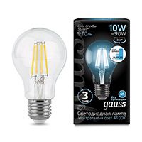 Филаментная светодиодная лампа Gauss шар LED 10W A60 E27 со ступенчатым диммированием (прозрачная) 4100K