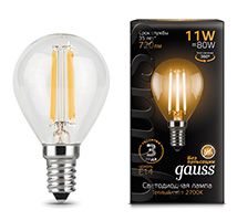 Филаментная светодиодная лампа Gauss шар LED 11W G45 E14 (прозрачная) 2700K